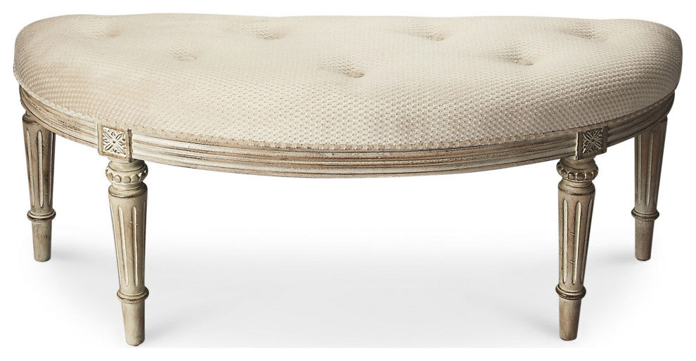 HomeRoots Crescent Shape Ivory Tufted Bench With Driftwood Finish