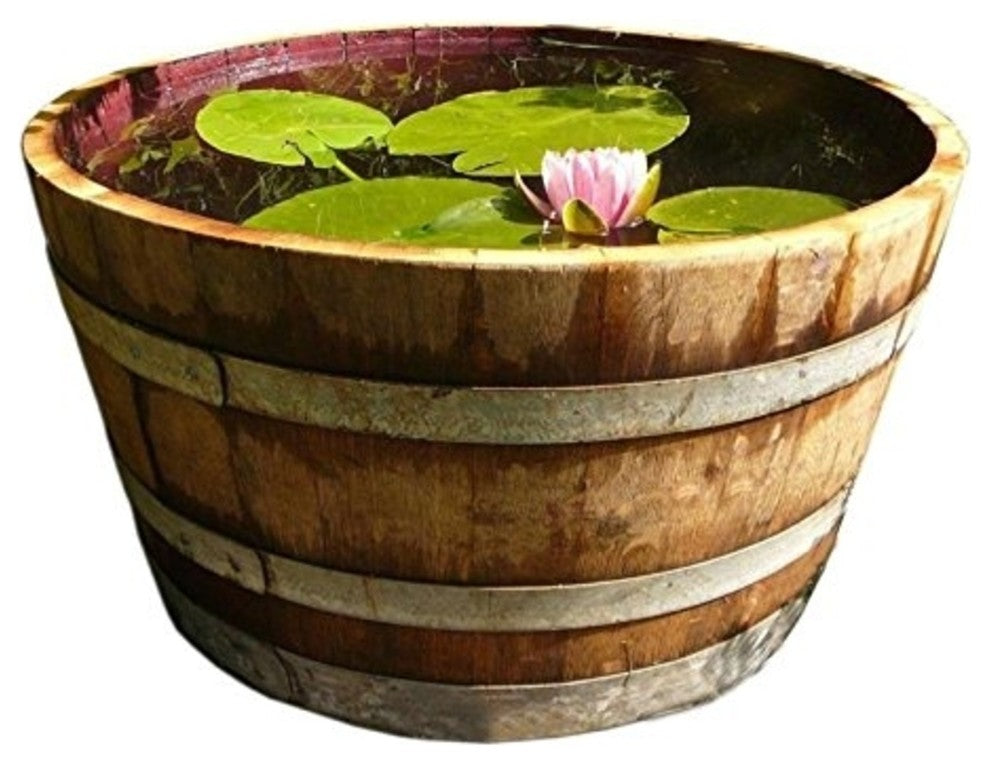 Water Tight Shallow Wine Barrel Planter, 17"h