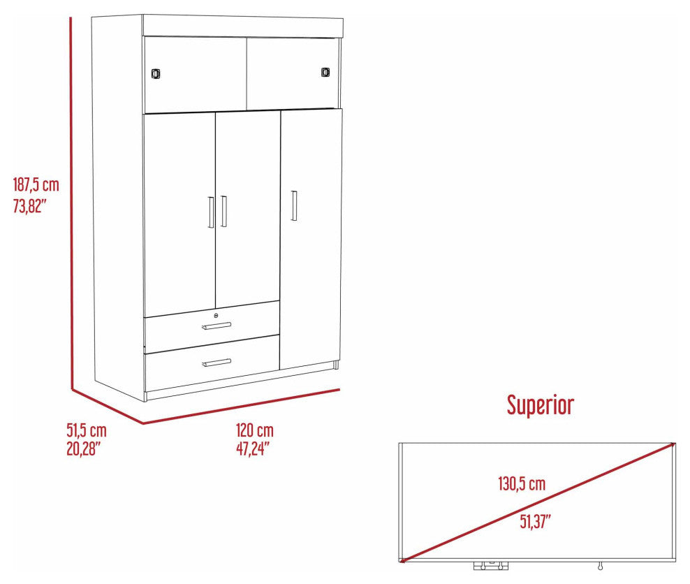 Tucson Modern Bedroom Armoire, with Two Drawers, Three Large Cabinets - White