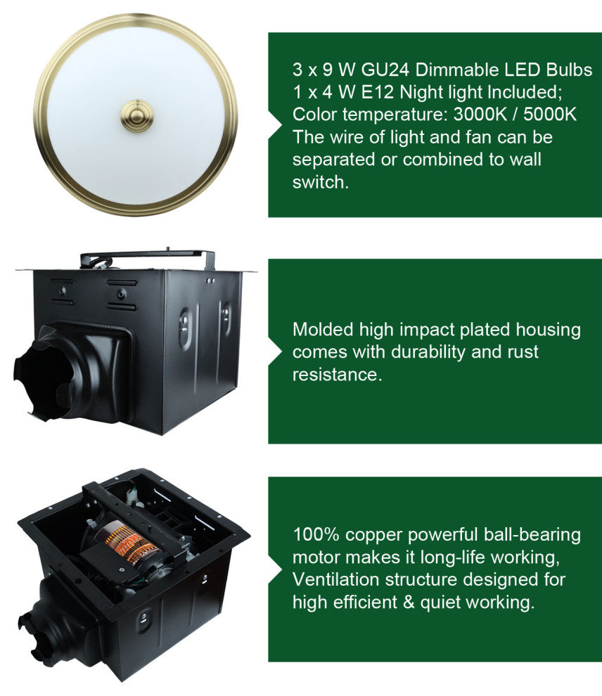 Bathroom Exhaust Fan With LED Light and Nightlight 110CFM 1.5 Sone Brushed Gold
