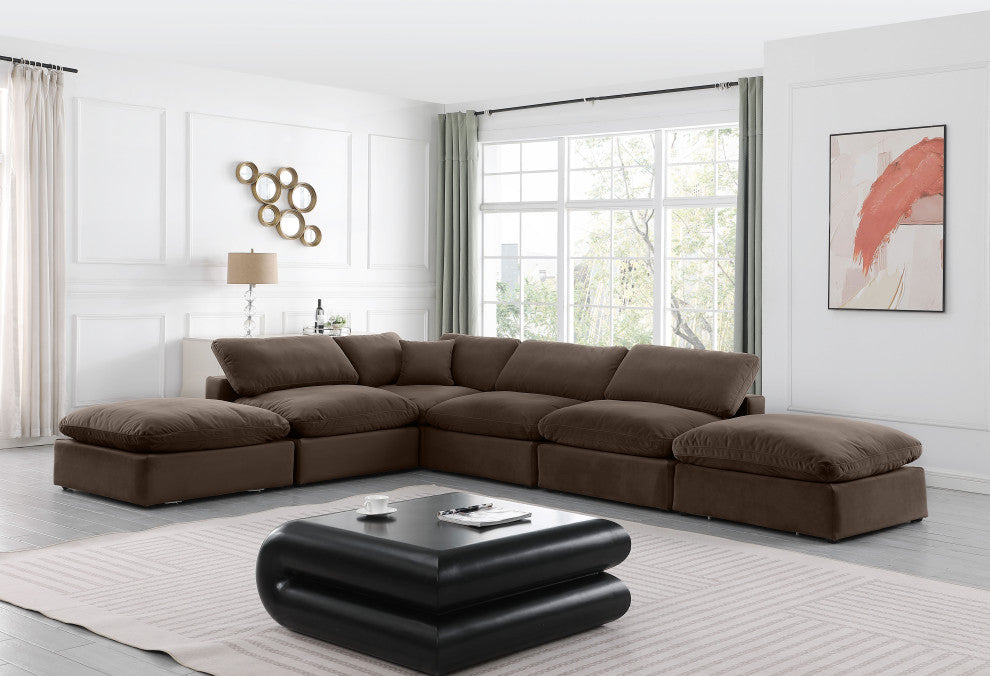 Comfy Upholstered L-Shaped Modular Sectional, Brown, 6-Piece: 3 Armless Chair, 1 Corner Chair, 2 Ottoman, Velvet