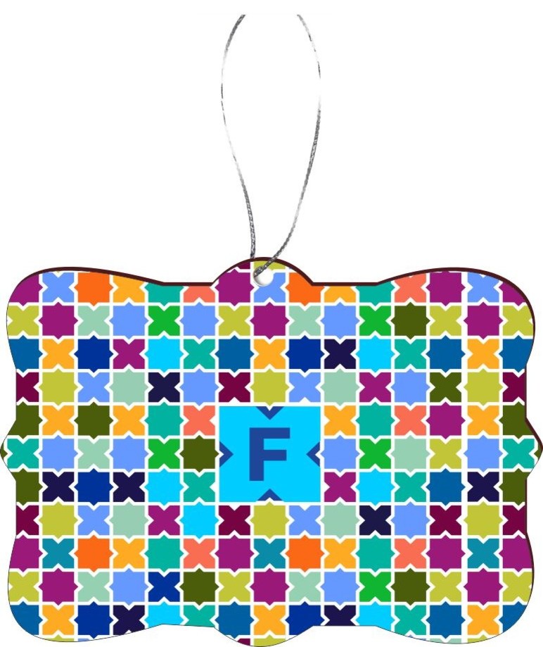 Letter F Monogram Sky Blue Mosaic Rectangle Design Christmas Tree Ornament