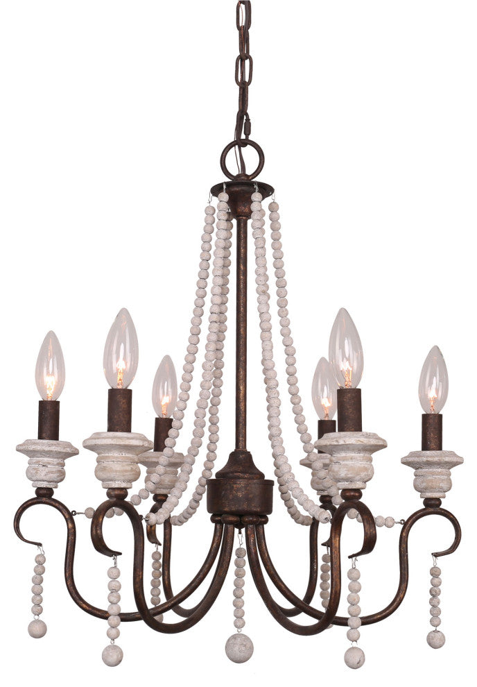 6-Light French Country chandelier With Wood Bead Strings Distressed Wood, Rusty