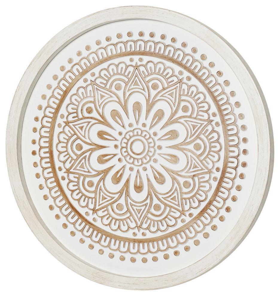 American Art Decor Boho Rustic Farmhouse Wood Framed Wall Medallion White, Brown