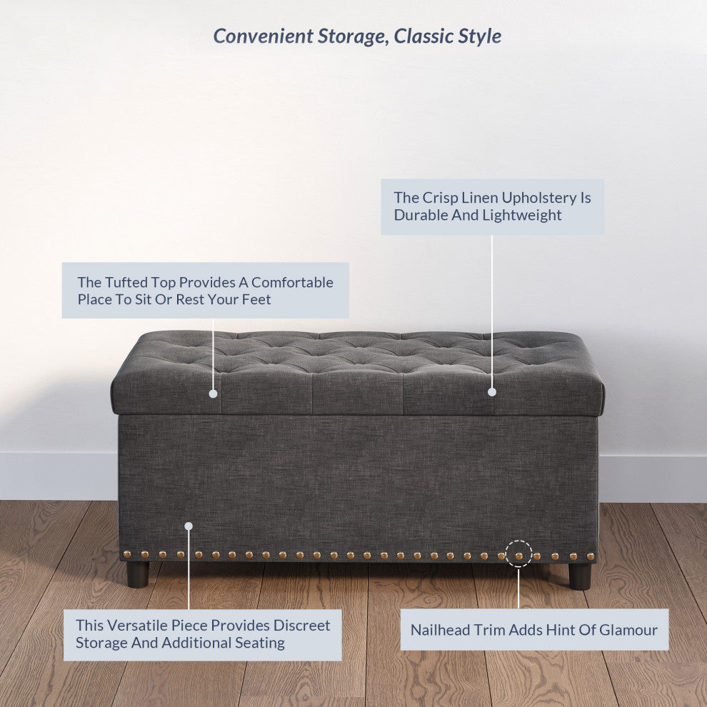 35" Storage Ottoman, Button-Tufted Linen Storage Bench - Dark Grey