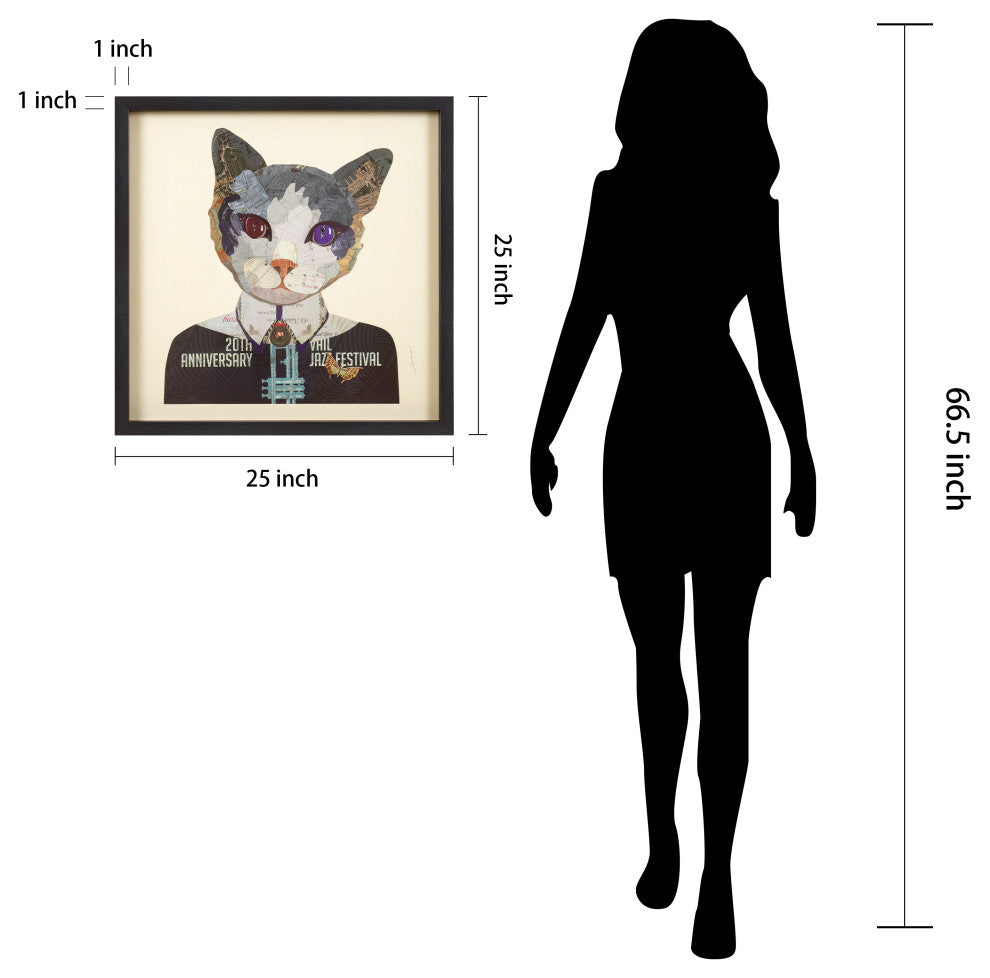"Funky Cat 2" Dimensional Collage Framed Graphic Art Under Glass Wall Art