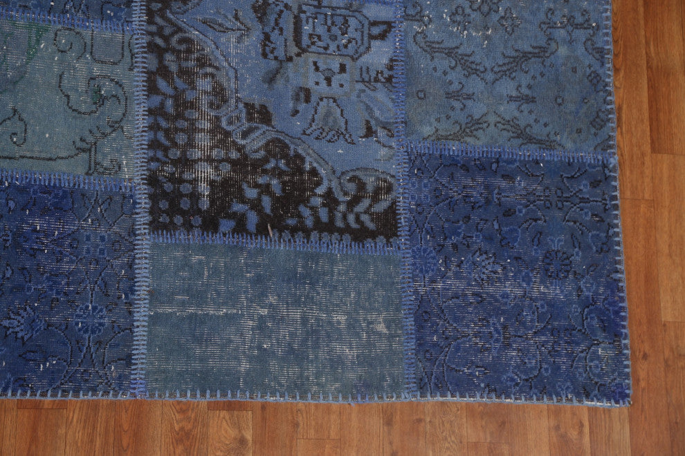 Blue Over-dyed Patchwork Turkish Area Rug Hand-tufted Wool Carpet 9x12