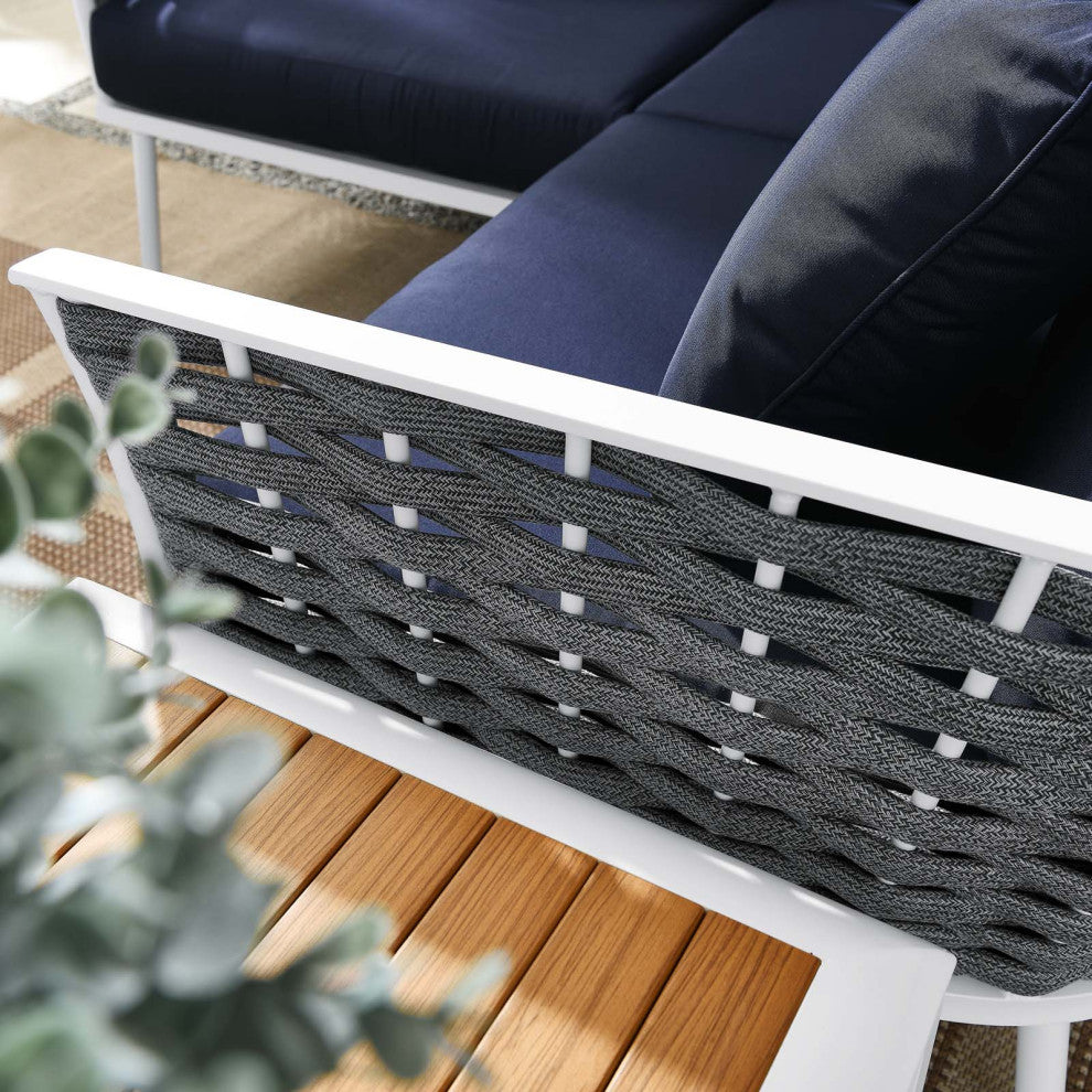 Lounge Sectional Sofa Chair Table Set, Navy White, Aluminum, Modern, Outdoor
