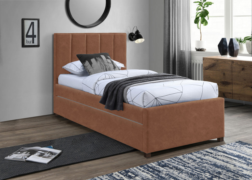 Hudson Beige Faux Leather Twin Trundle Bed, Cognac