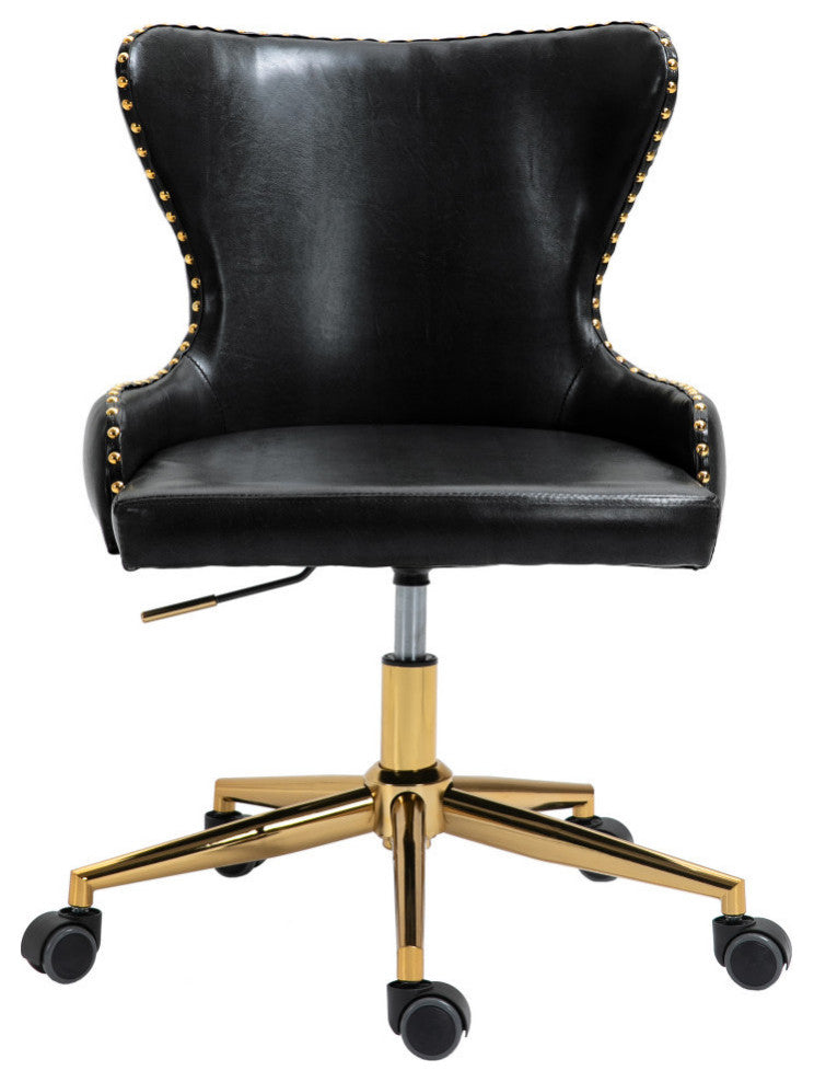 Hendrix Swivel and Adjustable Vegan Leather Office Chair, Black, Rich Gold Base