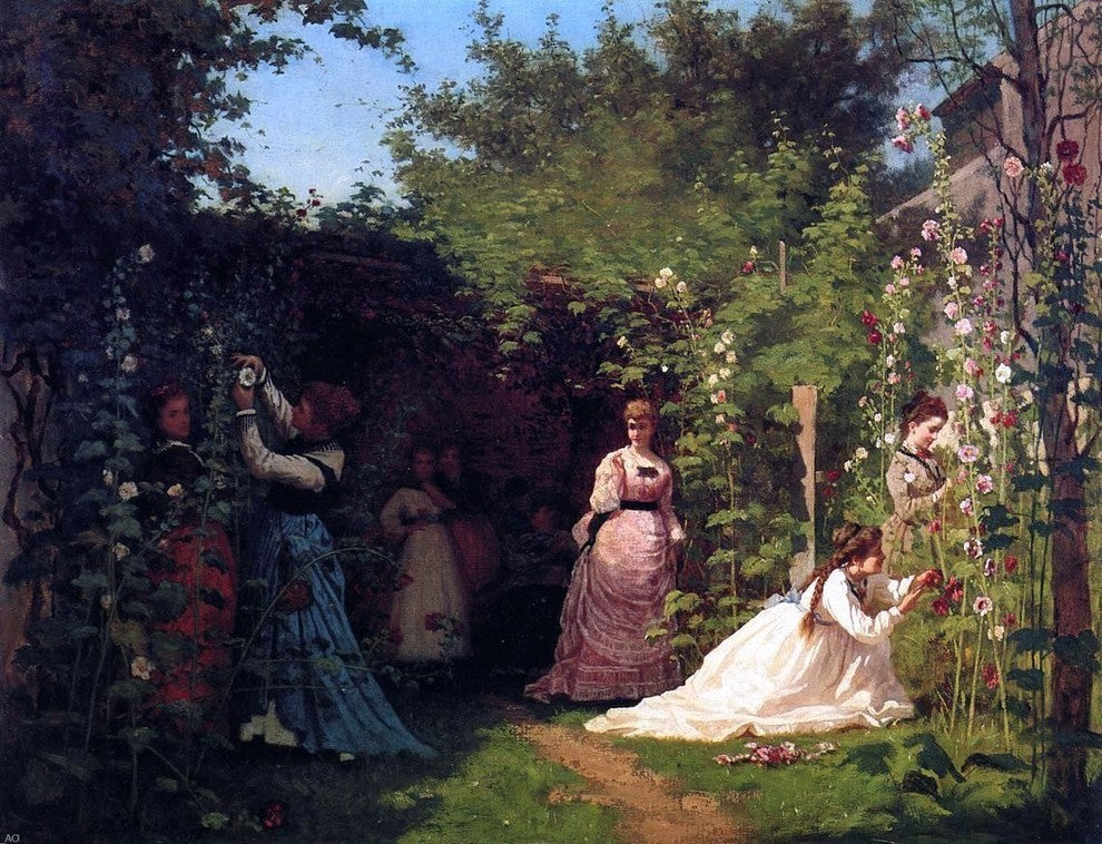 Eastman Johnson Hollyhocks Premium Canvas Print
