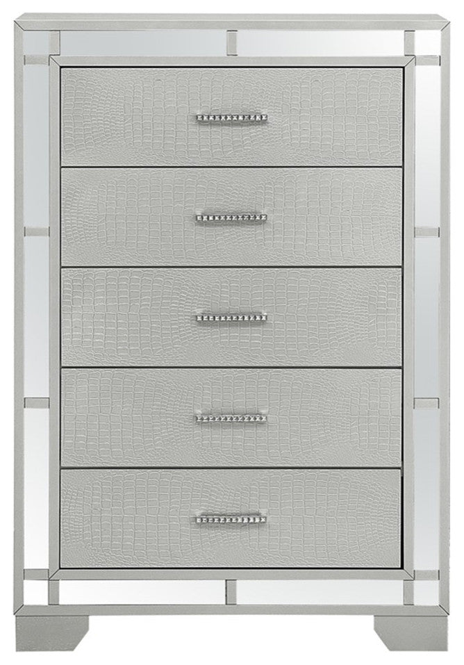 Maklaine Modern styled Wood 5 Drawer Chest Silver Champagne Finish