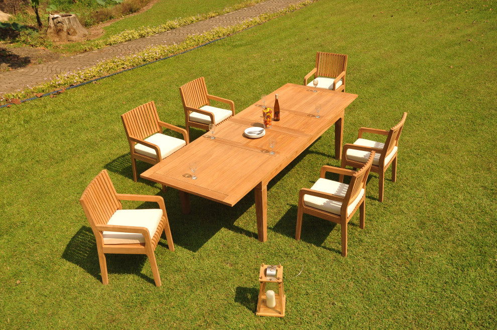 7-Piece Outdoor Teak Dining Set: 122" Ext Rectangle Table, 6 Maldives Arm Chairs