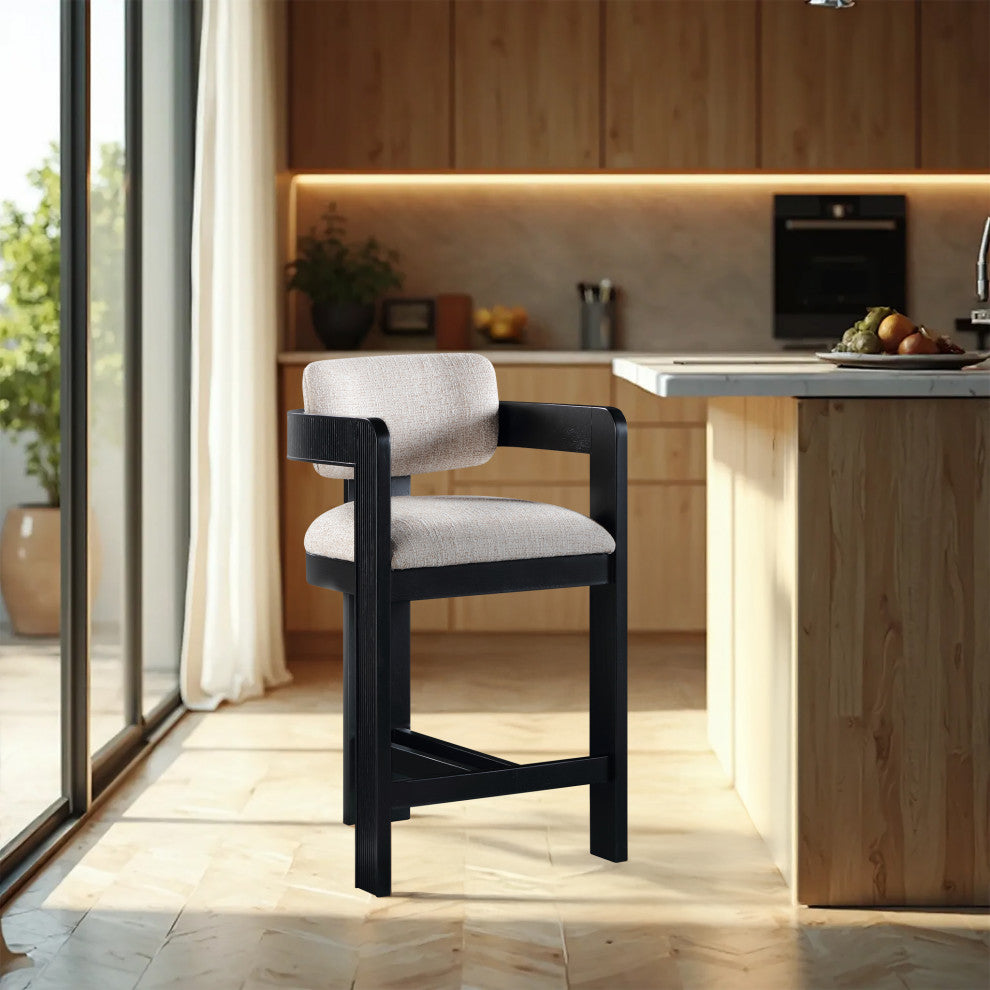 Sacha Upholstered Bar and Counter Stool, Beige, Linen Textured Fabric, Black