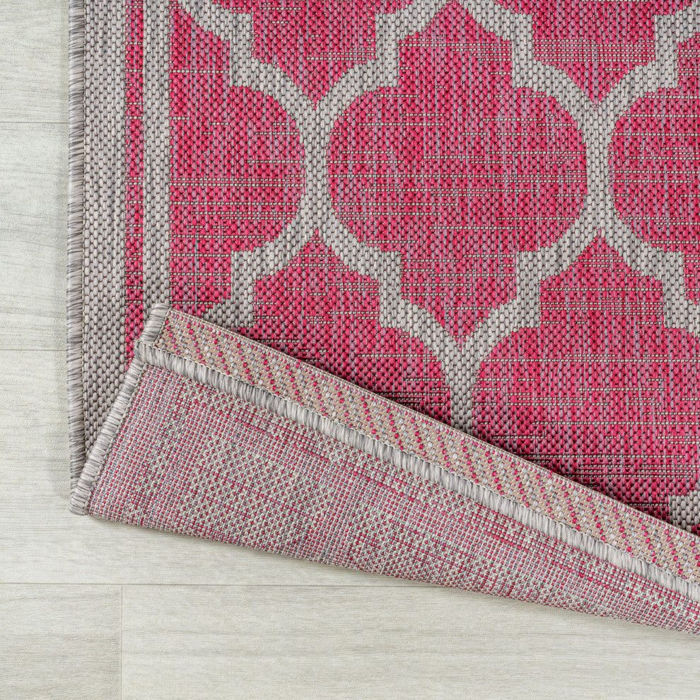Trebol Moroccan Trellis Textured Weave Indoor/Outdoor, Fuchsia/Light Gray, 5' Square