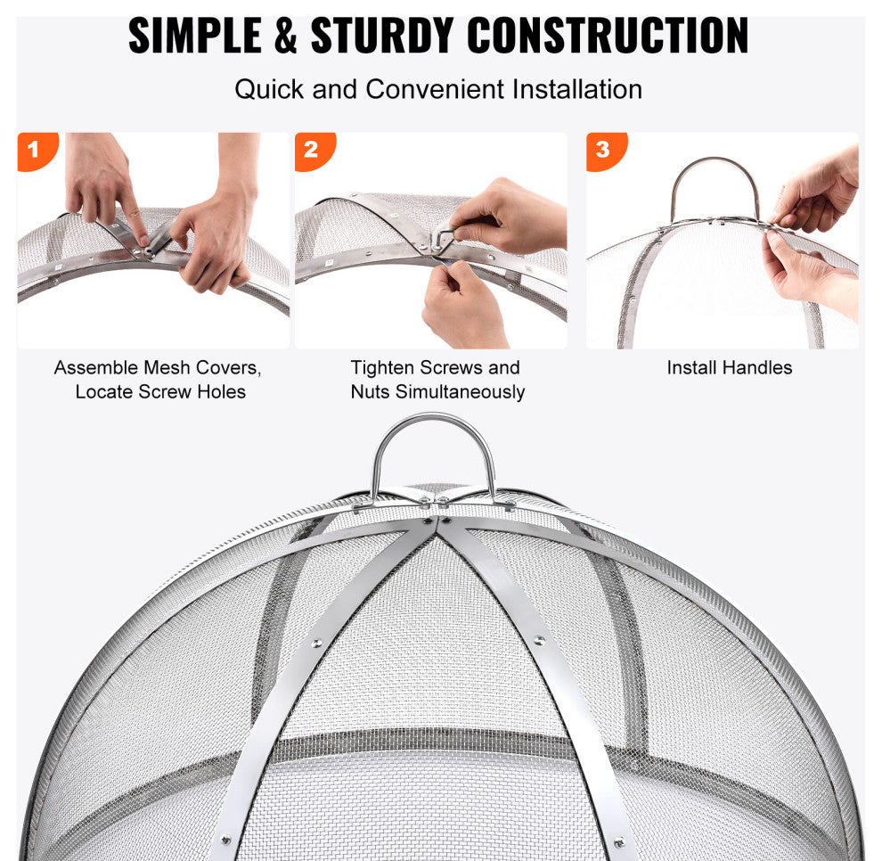 VEVOR 36" Fire Pit Round Wood Burning Spark Screen Cover Lid Stainless Steel