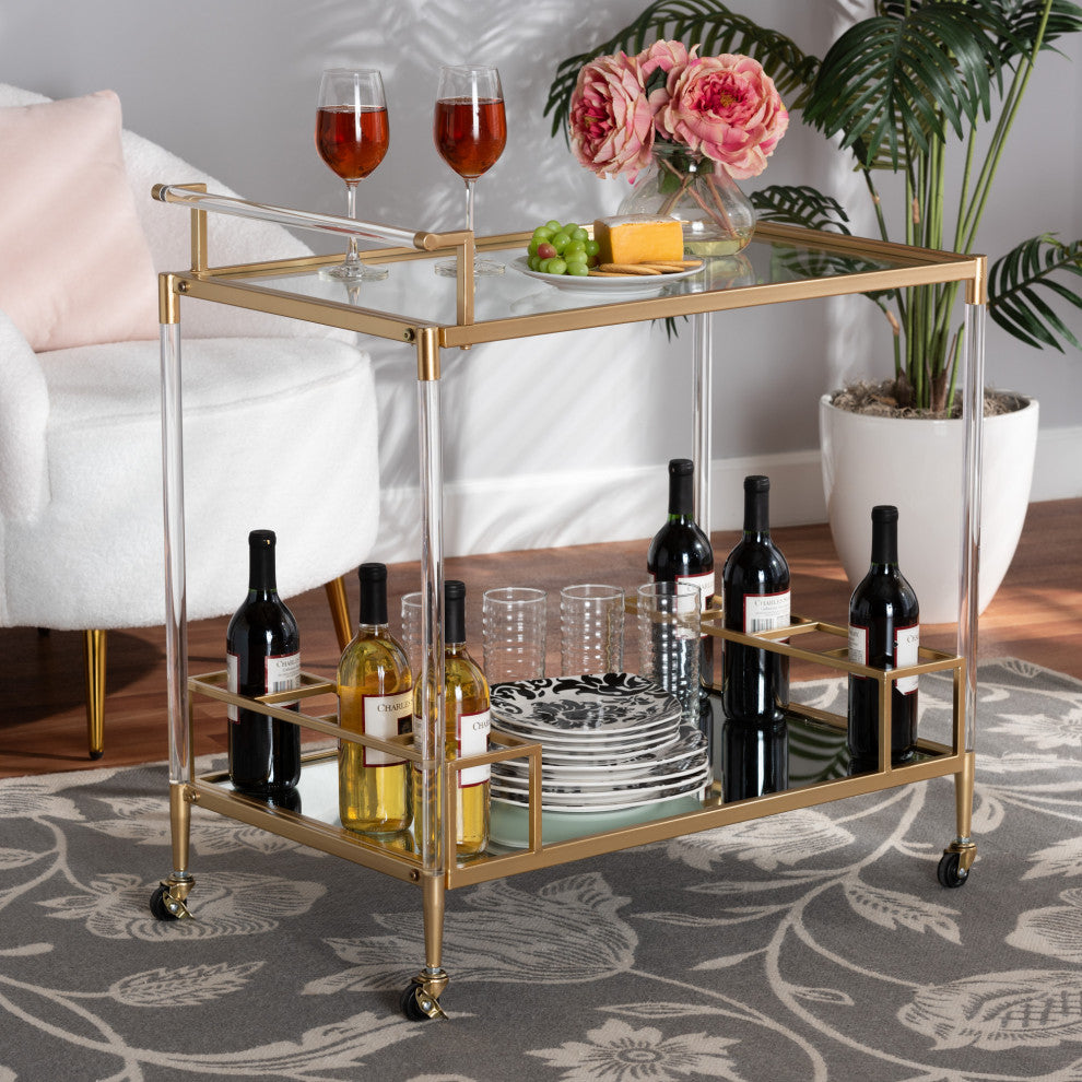 Rosalina Contemporary Glam and Luxe Gold Metal and Mirrored Glass Wine Cart