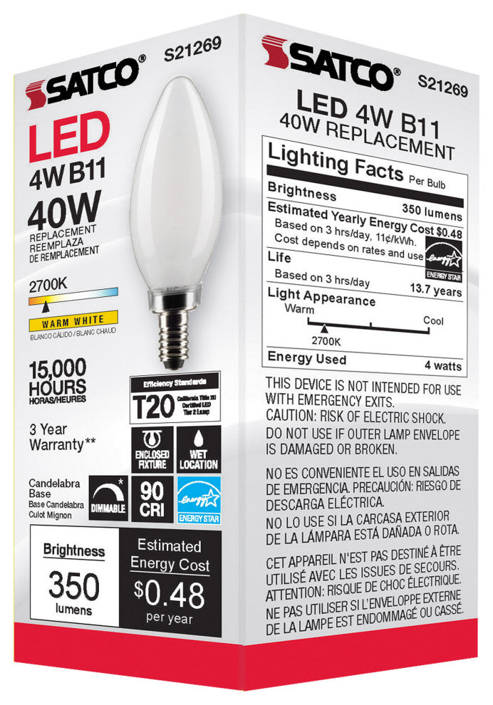 4W B11 LED, Frost, Candelabra Base, 90 CRI, 2700K, 120V