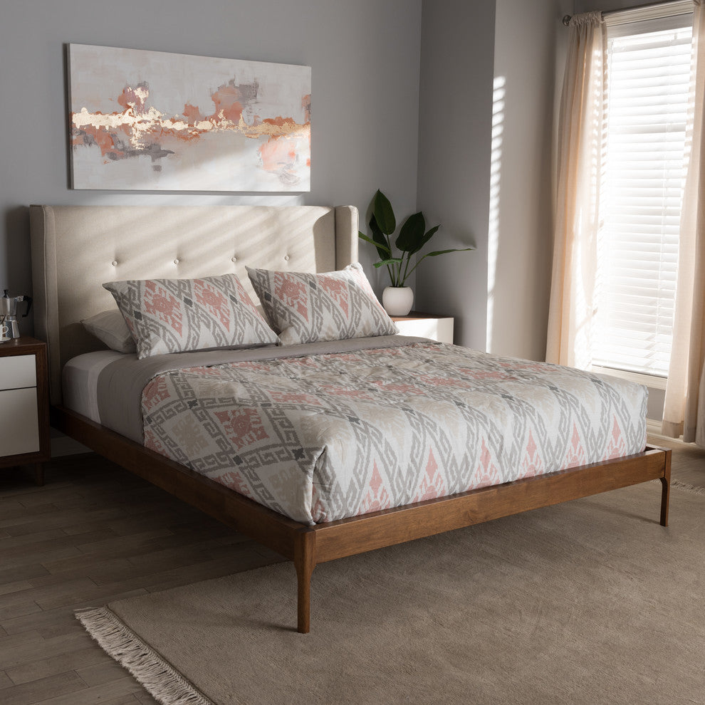 Brooklyn Mid-Century Walnut Wood Beige Fabric Full Size Platform Bed