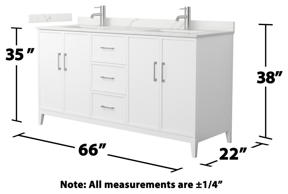 Elan 66" Double Vanity, White, Giotto Quartz Top, 1-Hole, Nickel Trim