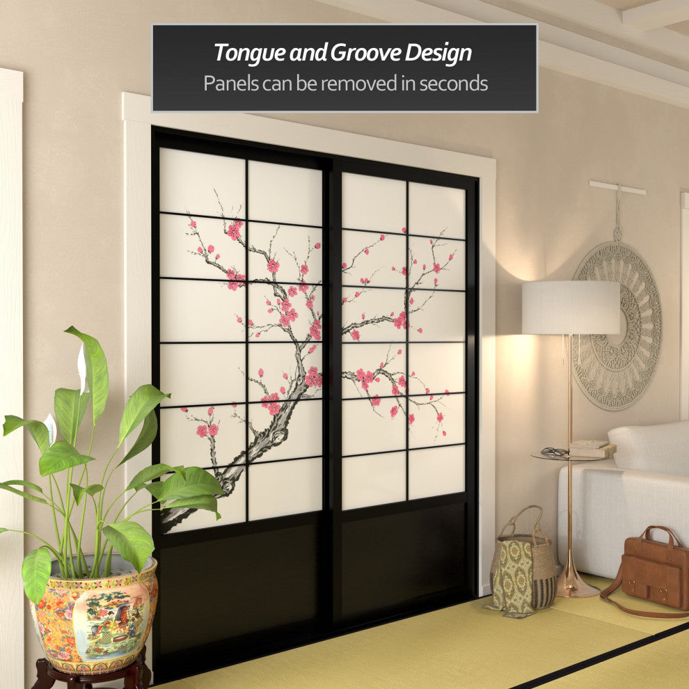 7'' Tall Cherry Blossom Shoji Sliding Door Kit, Black