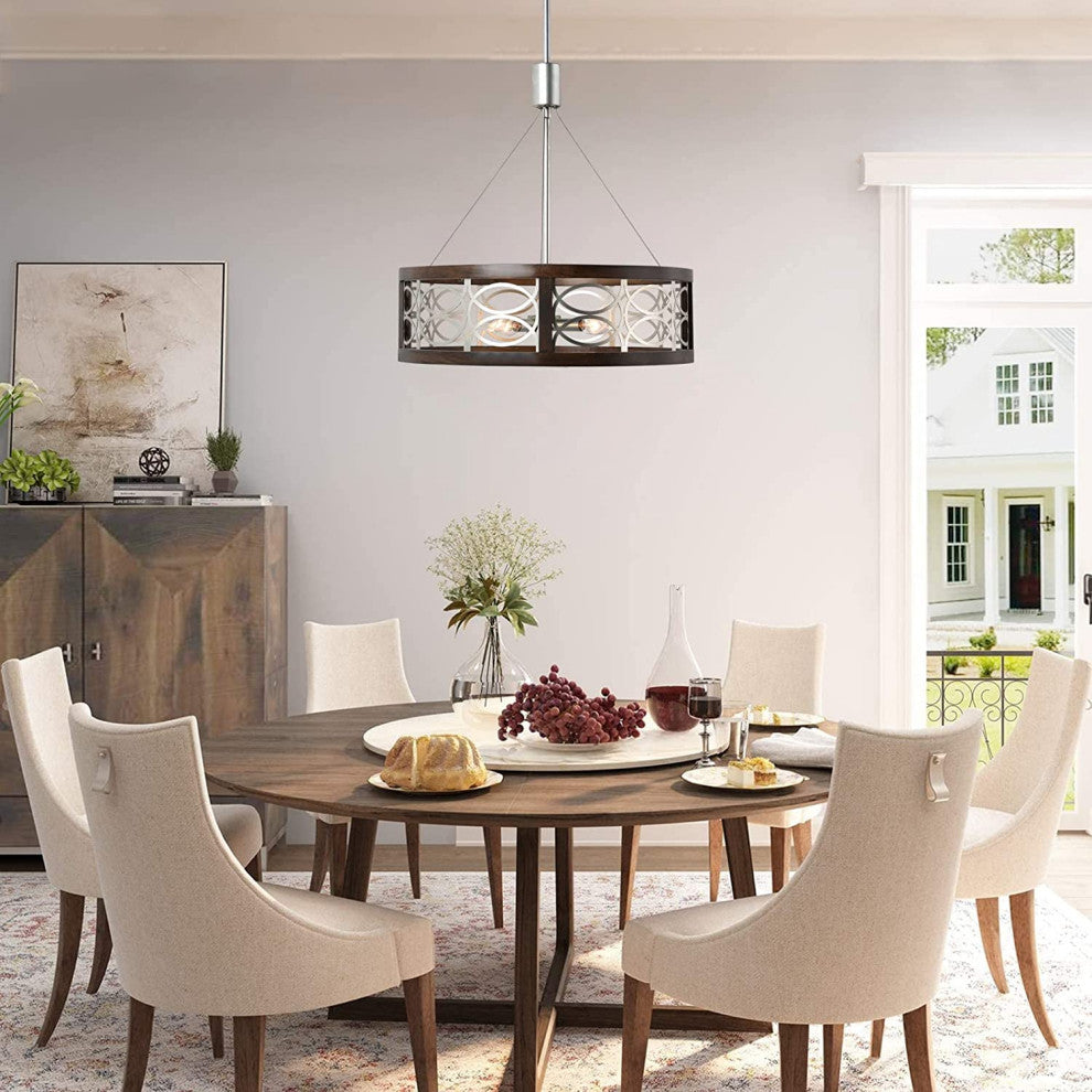 4 Light Farmhouse Dining Chandelier Drum Round Pendant Light With Chrome Finish