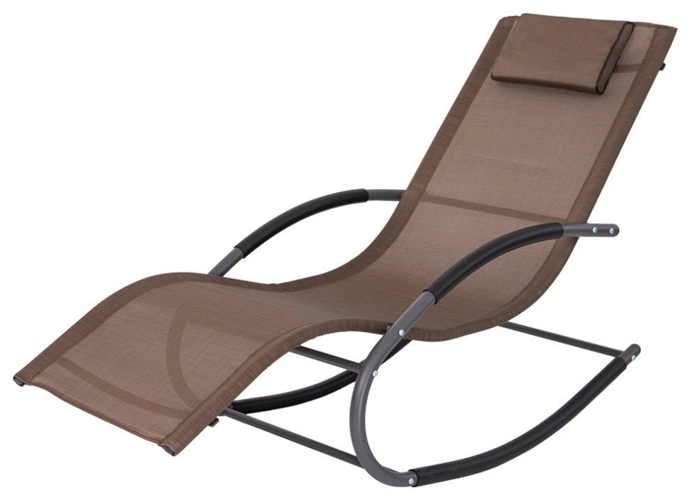 Patio Rocking Chair Curved Rocker Chaise Lounge Chair with Pillow, Brown