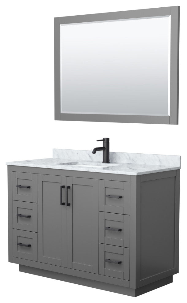 48"SGL Bathroom Vanity Dark Gray, Carrara Countertop, Sink, Black Trim,46"Mirror