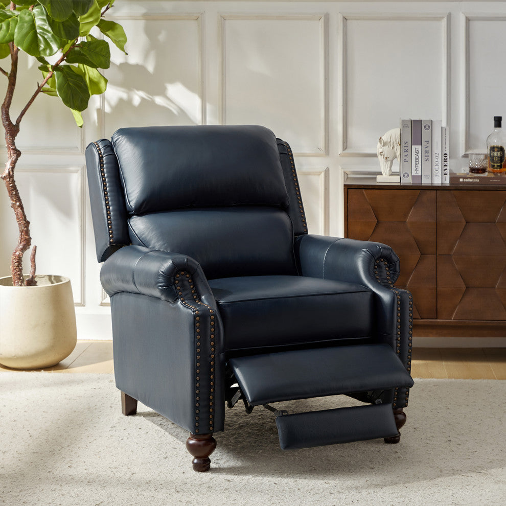 Genuine Leather Cigar Recliner With Nail Head Trim, Navy