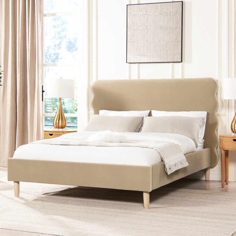 Stockholm Modern Wavy Headboard Platform Bed, Fawn Brown Performance Velvet, Queen