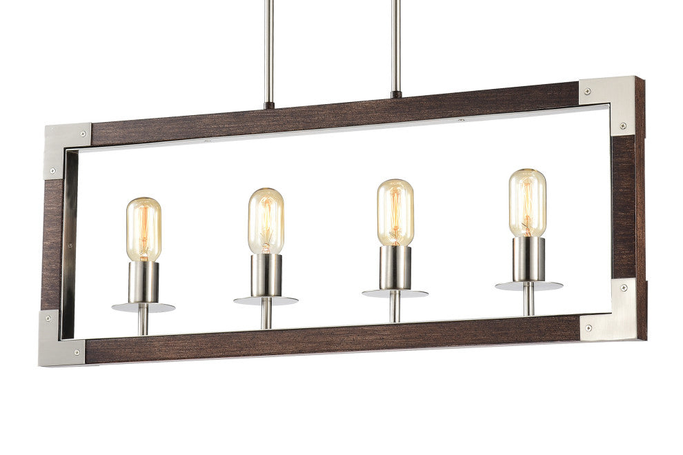 4-Light Brushed Nickel and Wood Farmhouse Island Linear Chandelier