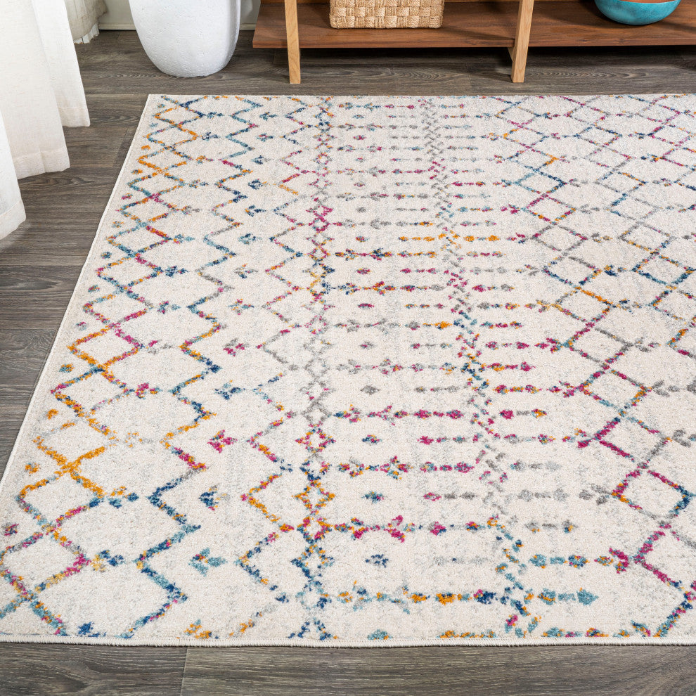 Moroccan HYPE Boho Vintage Diamond Runner Rug, Ivory/Multi, 8 X 10
