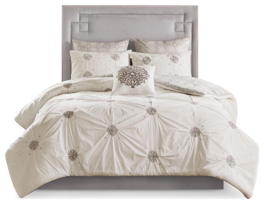 Madison Park Malia 6 Piece Embroidered Cotton Reversible Comforter Set, Ivory