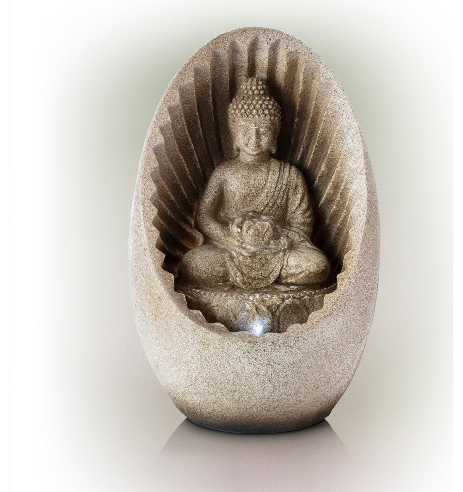 Alpine Buddha Tabletop Fountain With LED Light, 11" Tall