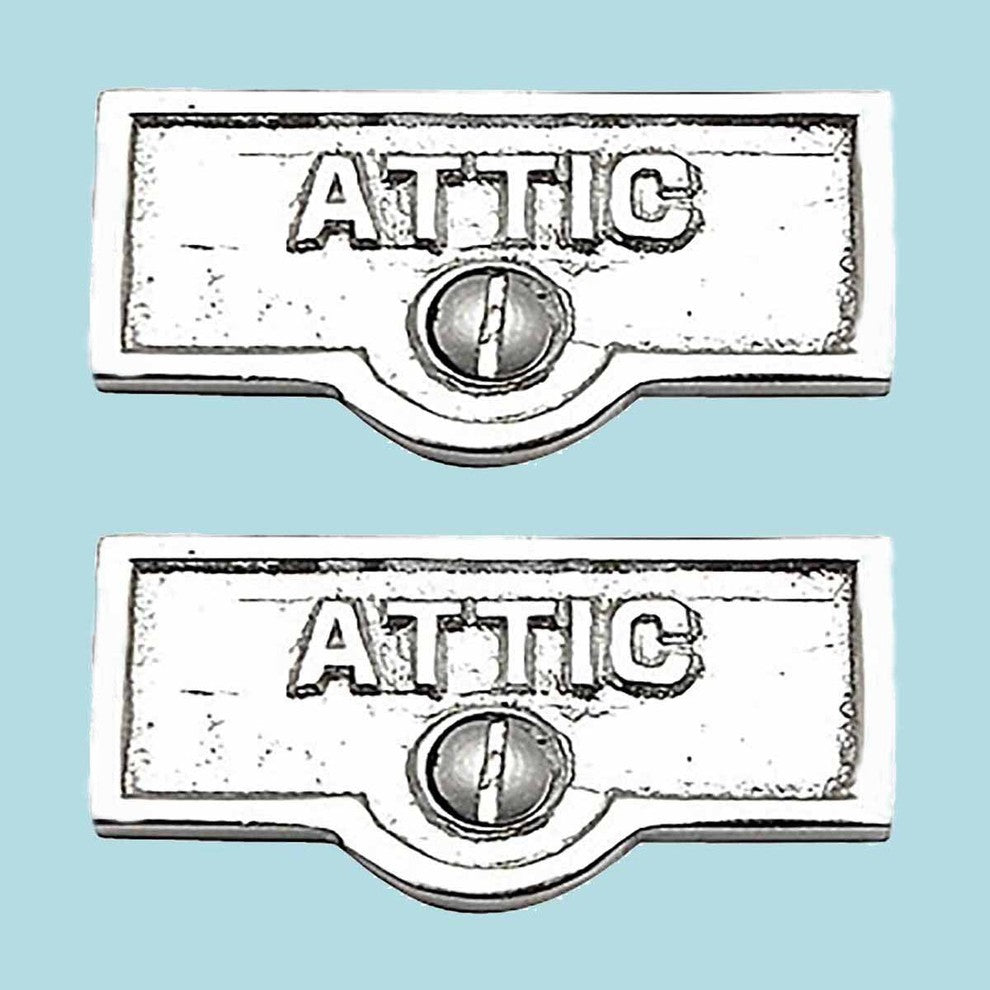 2 Switch Plate Tags ATTIC Name Signs Labels Chrome Brass |