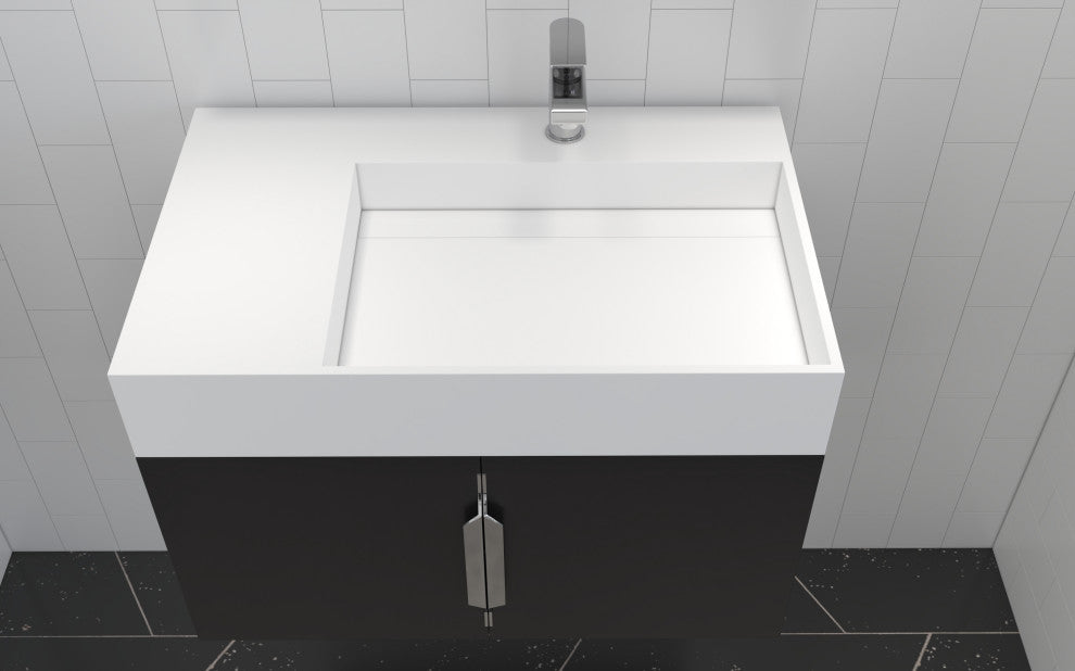 CastelloUSA Amazon 30" Right Wall Mounted Bathroom Vanity Set, Black, White Top, Brushed Nickel