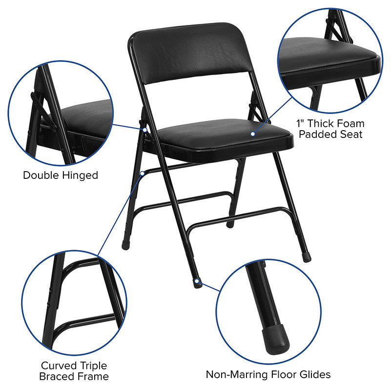 Curved Triple Braced and Double Hinged Black Vinyl Metal Folding Chair, Set of 4