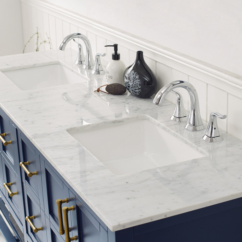 Vinnova Florence 72" Royal Blue Double Vanity W/ Carrara White Marble Countertop