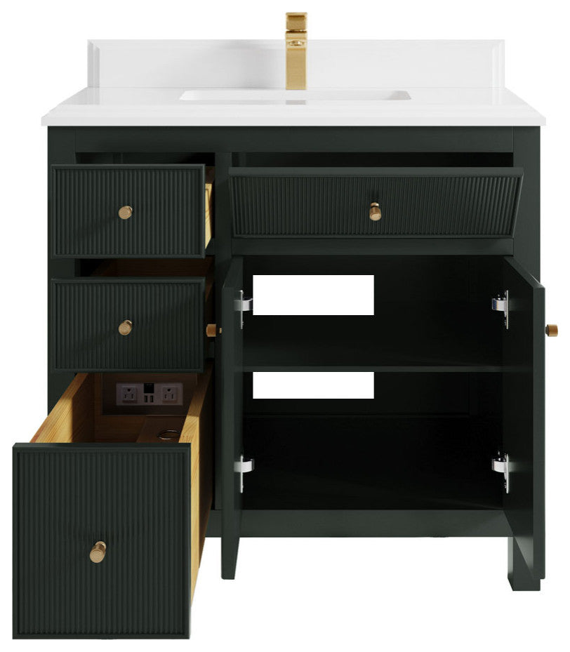 Sonoma 36 Center Sink Reeded Bath Vanity in Dark Forest Green 1.5" White Quartz