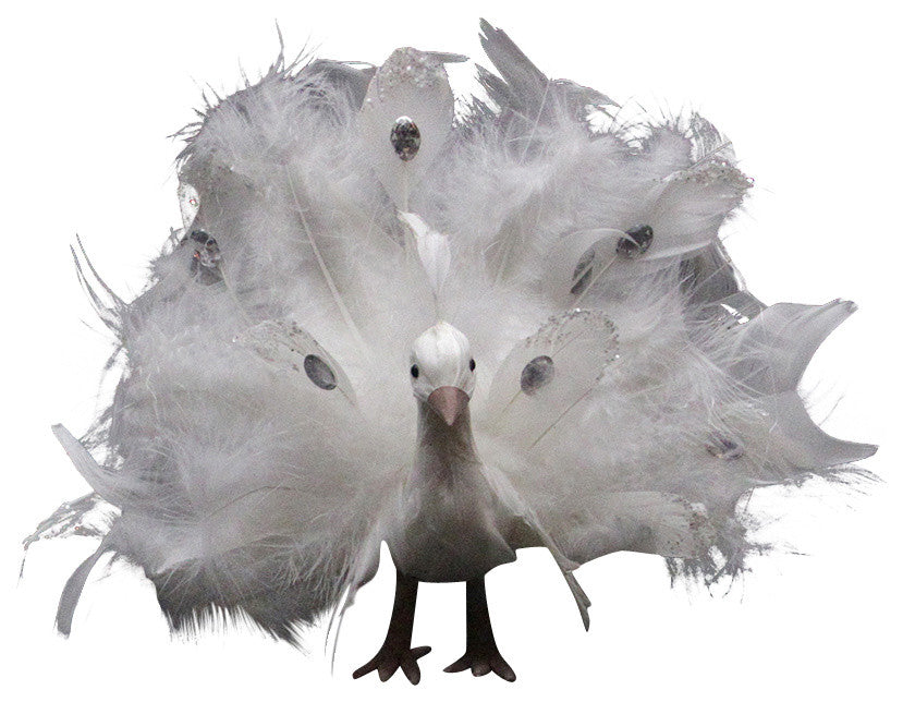 Regal Peacock Bird With Open Tail Feathers Christmas Decoration, White, 9"