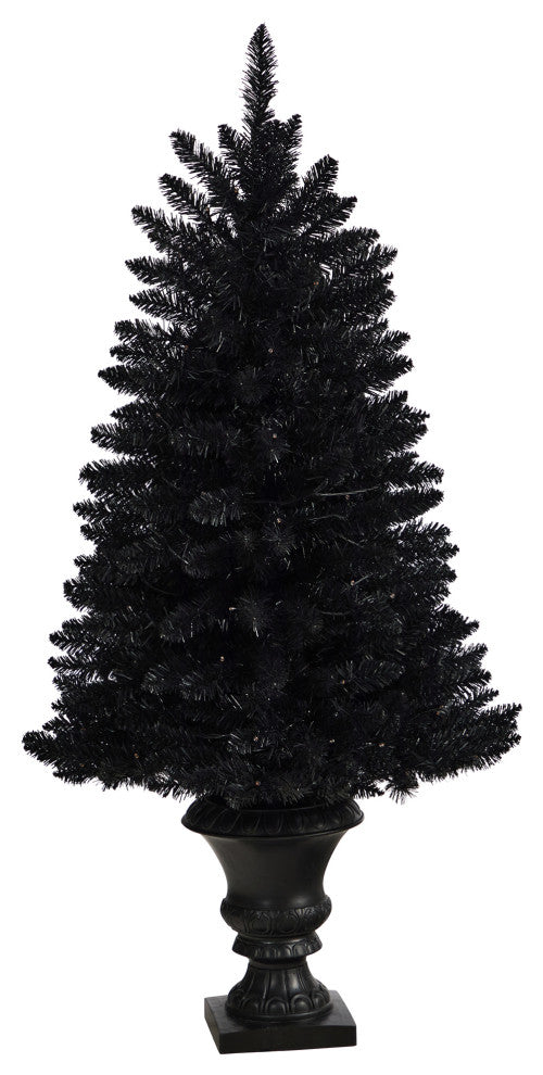 4' Black Halloween Artificial Christmas Tree, Urn With 100 Orange LED Lights