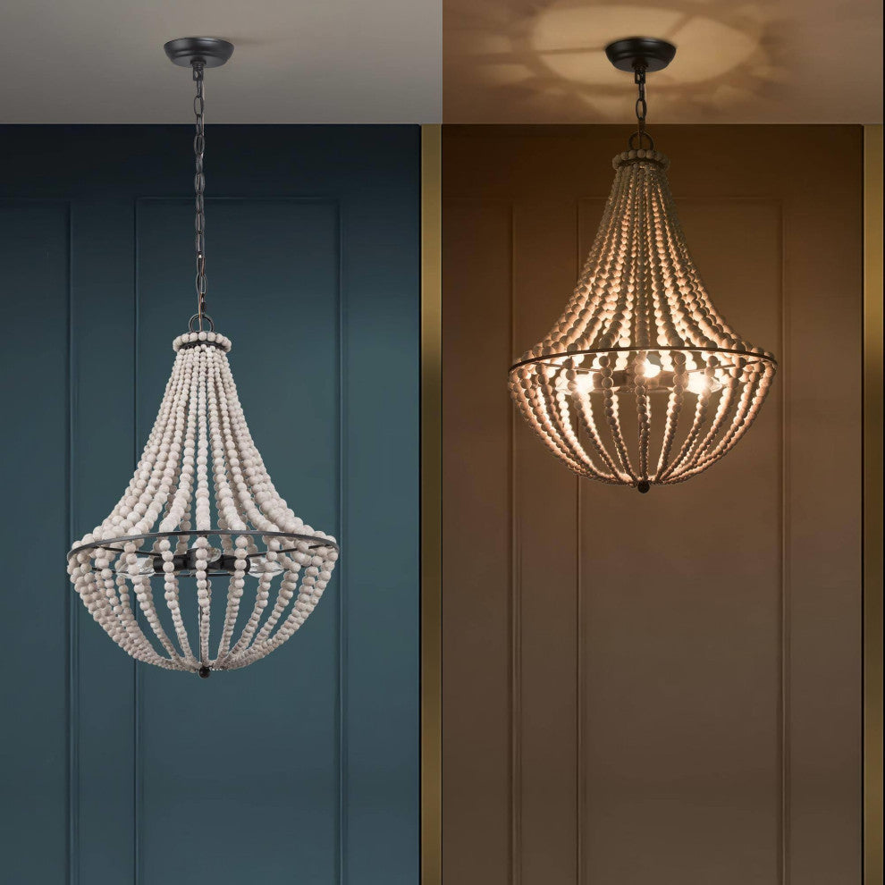 3-Light Distressed White and Matte Black Bohemian/Global Beaded LED Chandelier