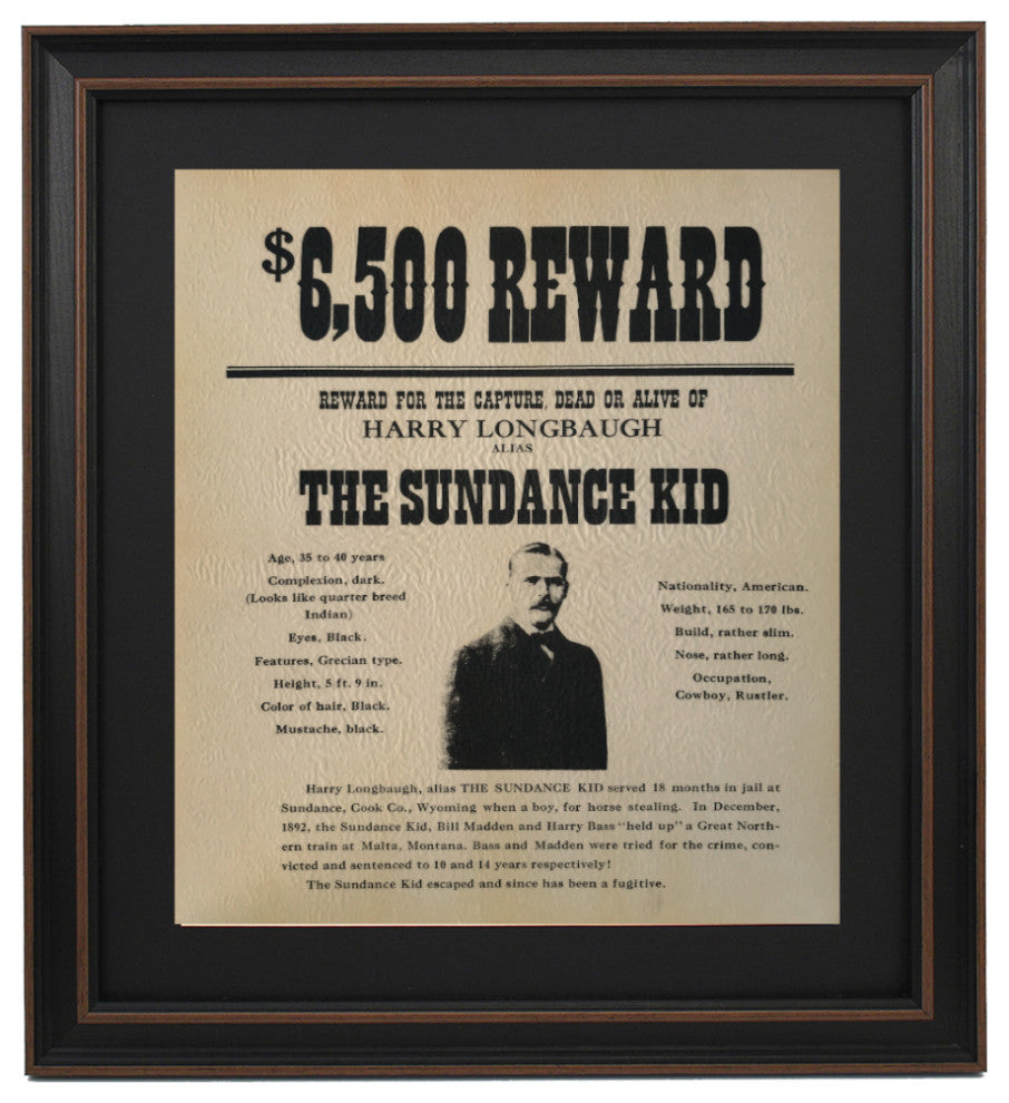 Framed Wanted Poster for The Sundance Kid