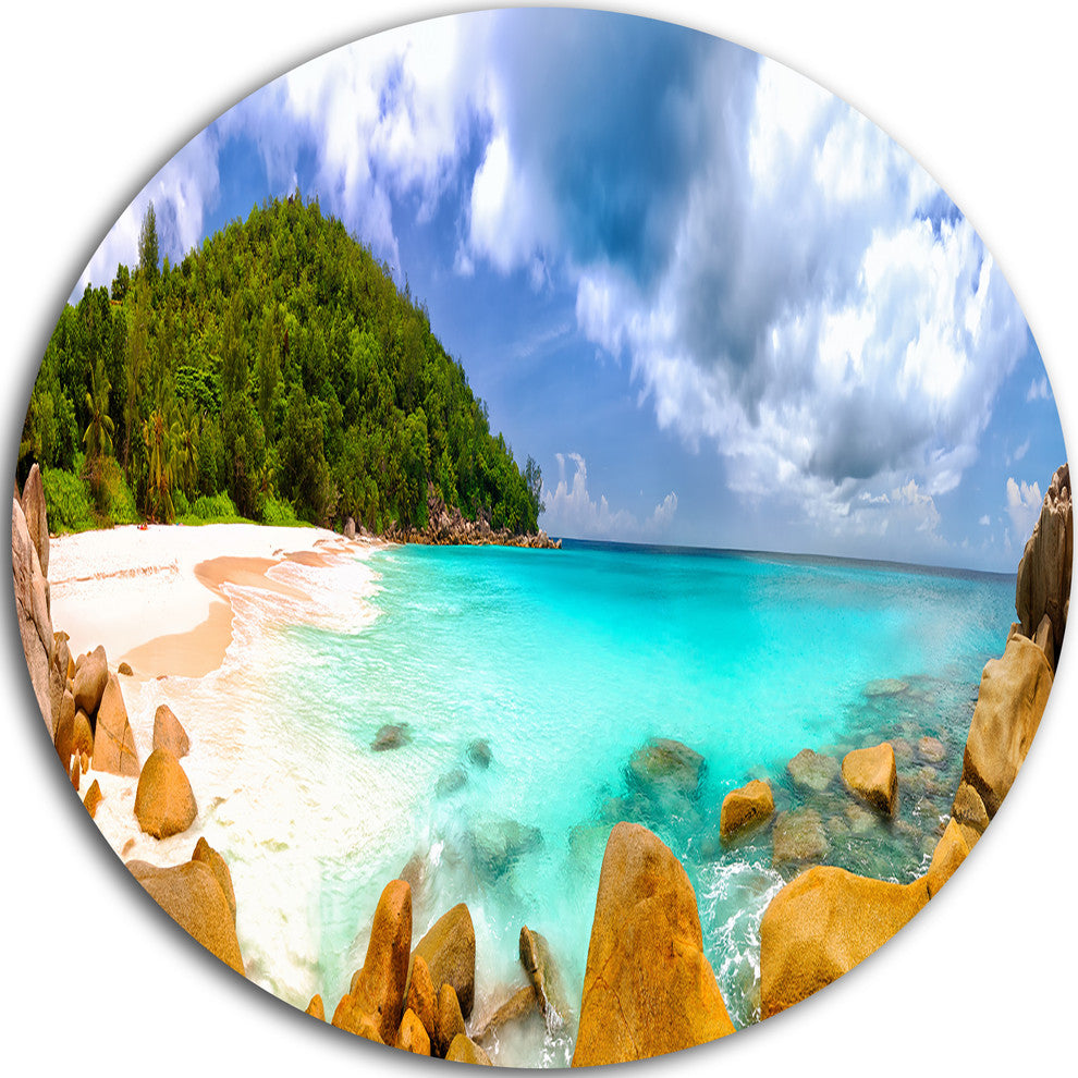Seychelles Beach Panorama, Seascape Photo Disc Metal Artwork, 11"