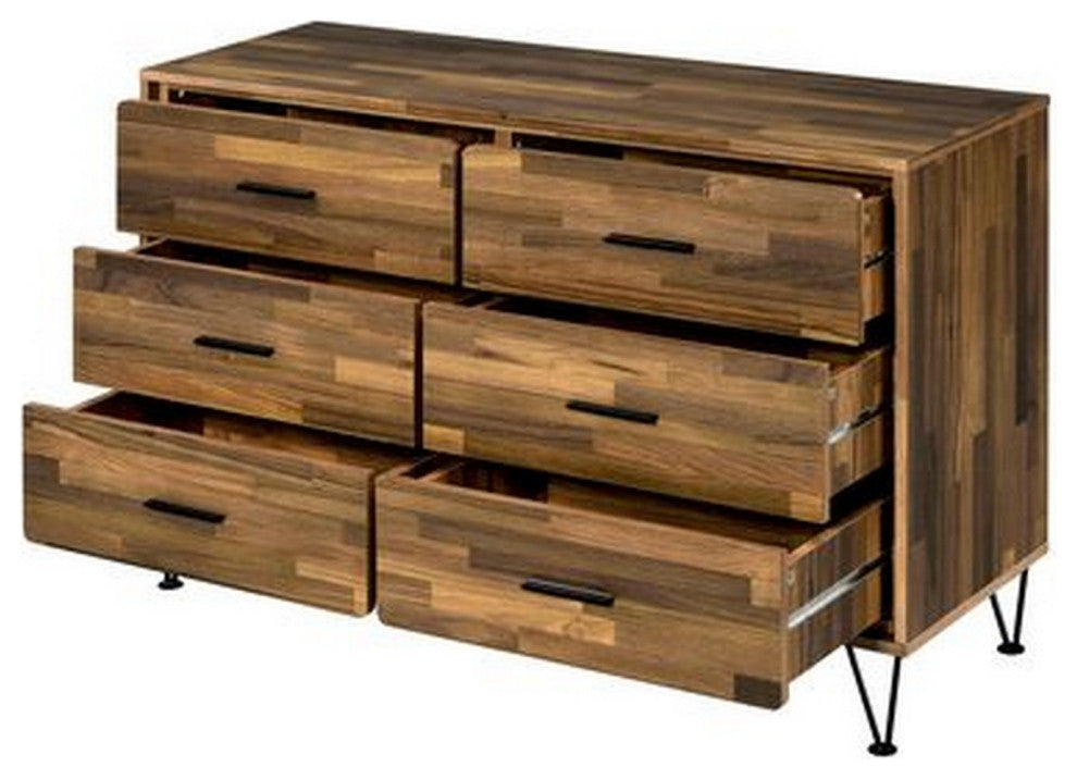 Benzara BM262173 Dresser With 6 Drawers and Butcher Block Pattern, Brown