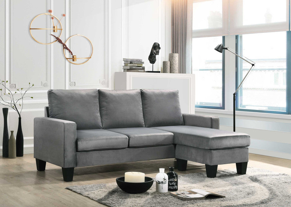 Jessica 77 in. W Flared Arm Velvet L Shaped Sofa, Gray