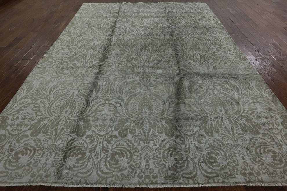 Handmade Ivory Silk Floral Hand-Knotted Oriental Rug, 9'x12'