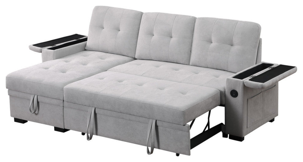 Ashlyn II 84"W Woven Fabric Reversible Sleeper Sectional, Storage & USB, Gray