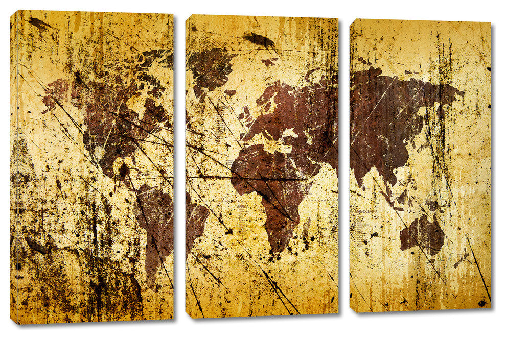 Abstract Art Kobicha World Map Canvas Print 3 Panel Split Triptych