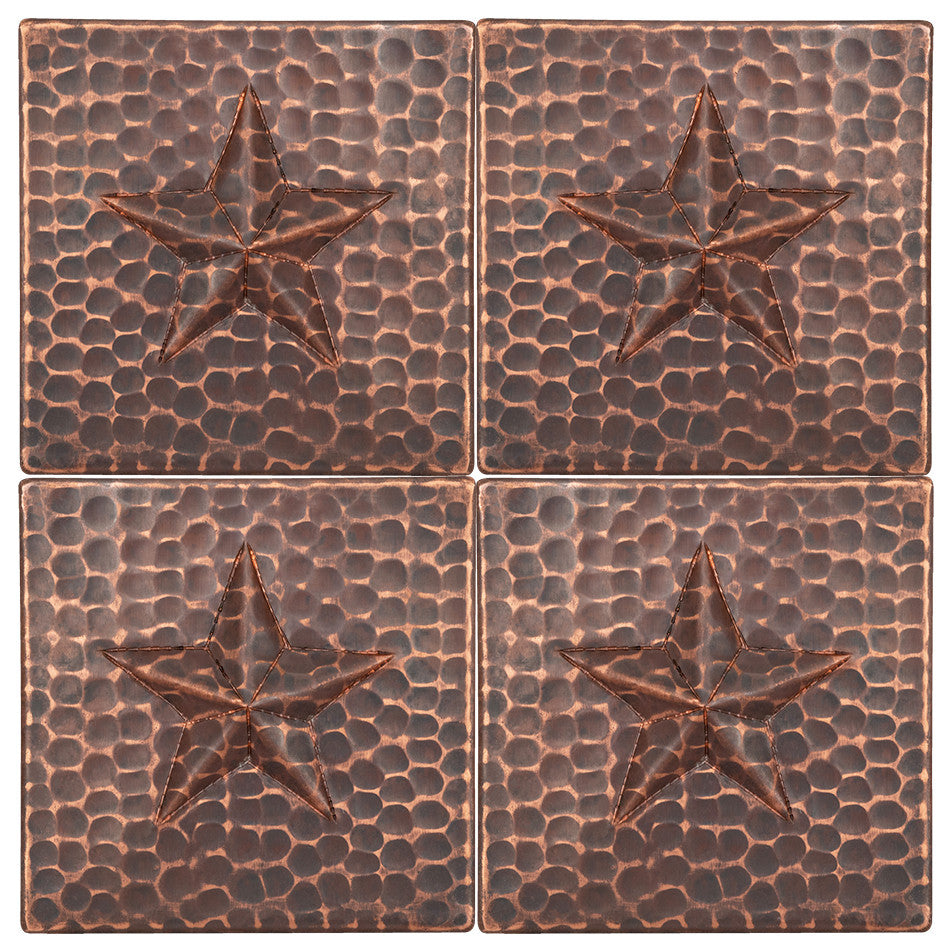 Hammered Copper Star Tile, 4"x4", Set of 4